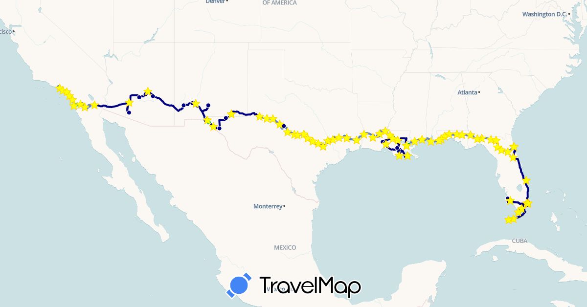 TravelMap itinerary: driving, bus, cycling, train, hiking, boat in United States (North America)